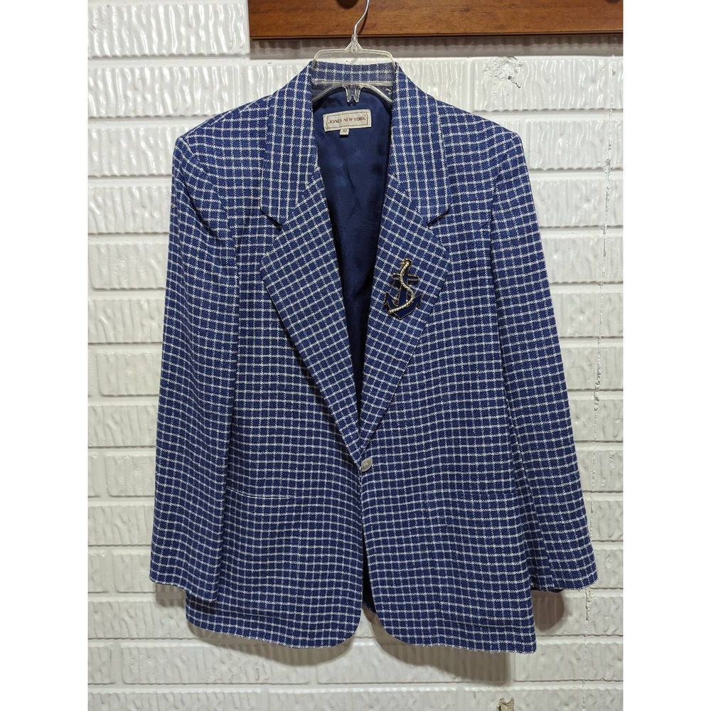 Jones New York Women's Blue & White Nautical Pin Checked Blazer Jacket Size 10